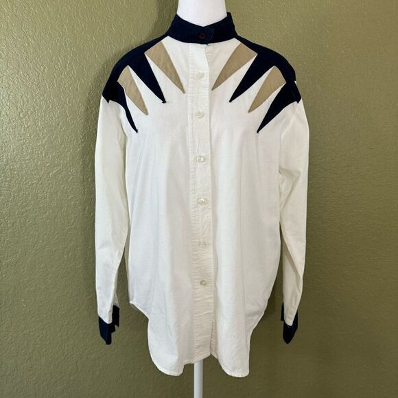 Side Saddle Women's M Western Button Up Shirt White Navy Vintage Cowgirl Cotton - Picture 1 of 6